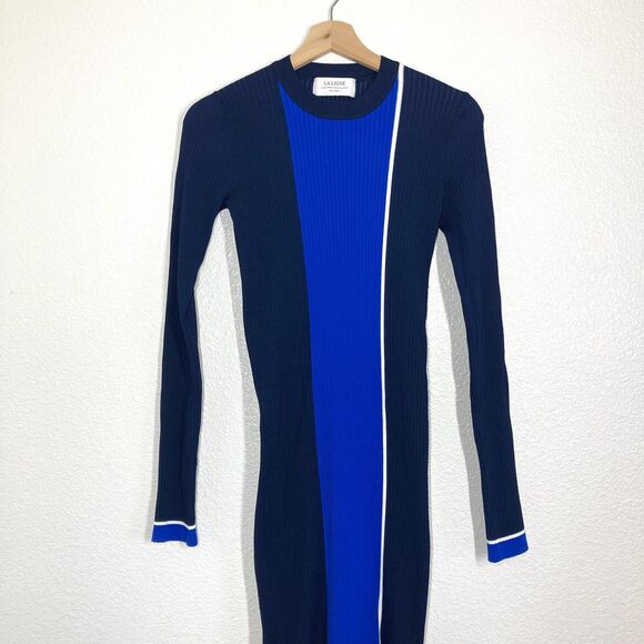 La Ligne New York Dress S Navy Blue Colorblock Ribbed Knit Bodycon Long Sleeve - Picture 3 of 16
